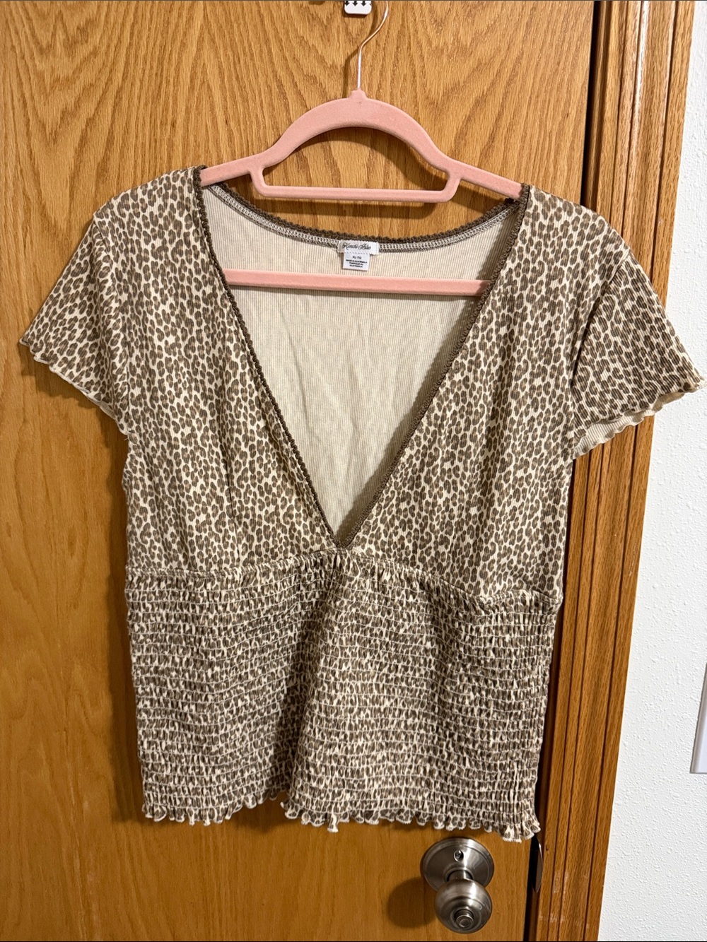 Kimchi Blue Beige Leopard Smocked V-Neck Top